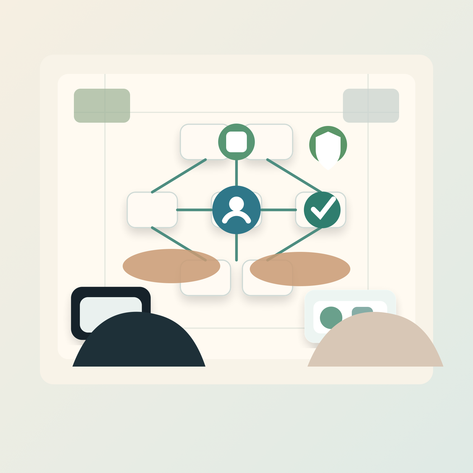 Text-free editorial illustration of AI workflow approval cards for Hong Kong business operations