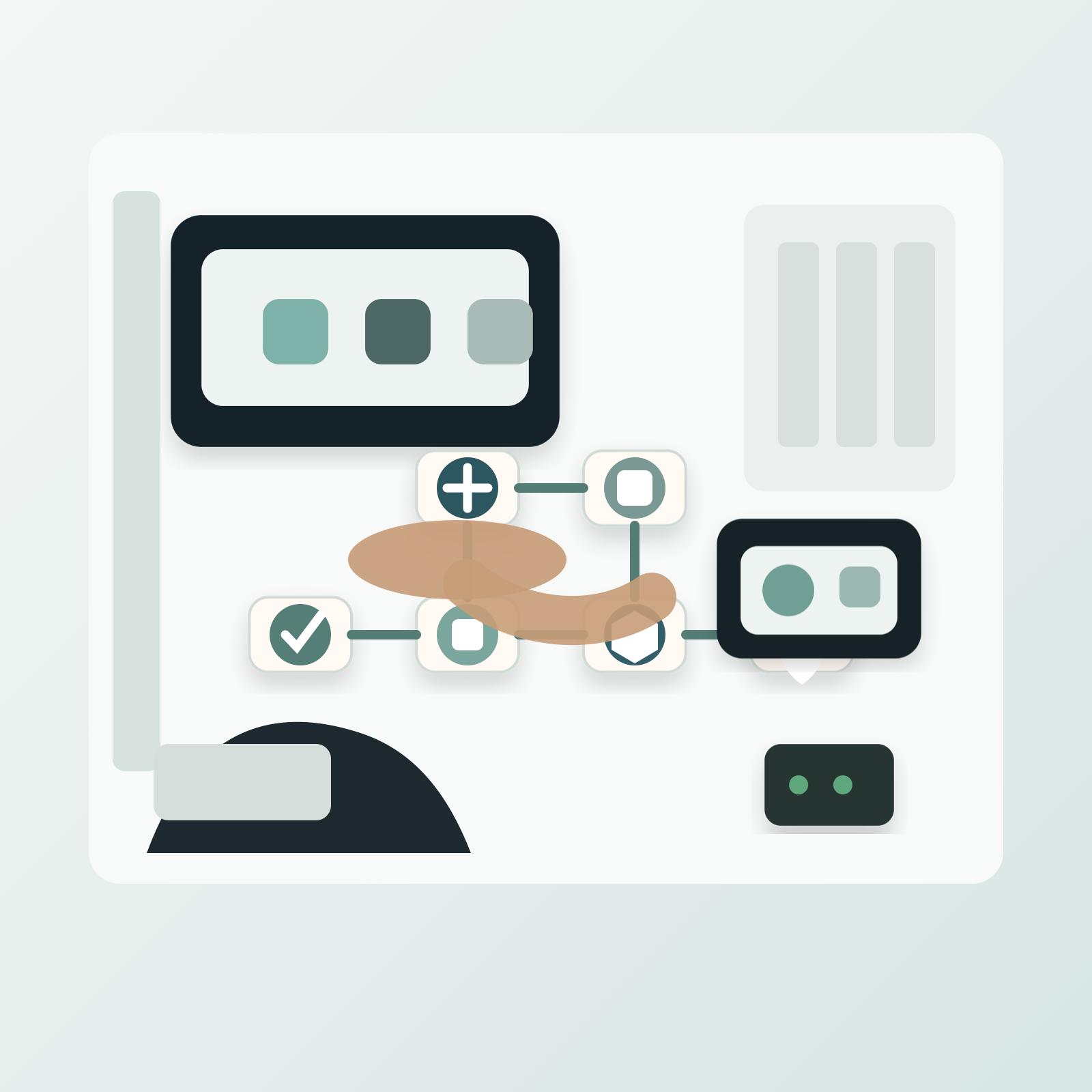 Text-free editorial illustration of software delivery governance and AI coding agent workflow