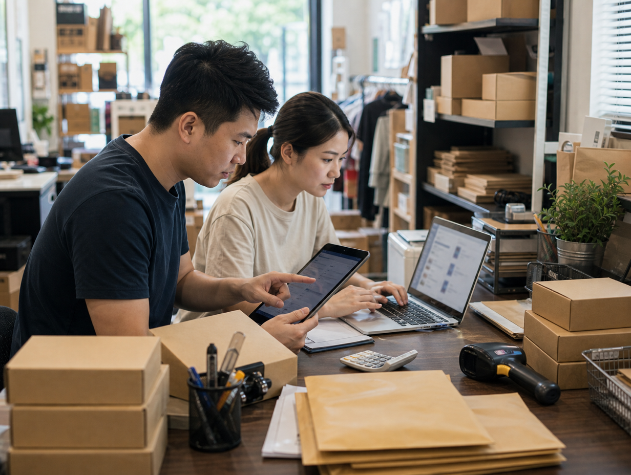 Hong Kong SME back office staff managing ecommerce operations on tablet and laptop