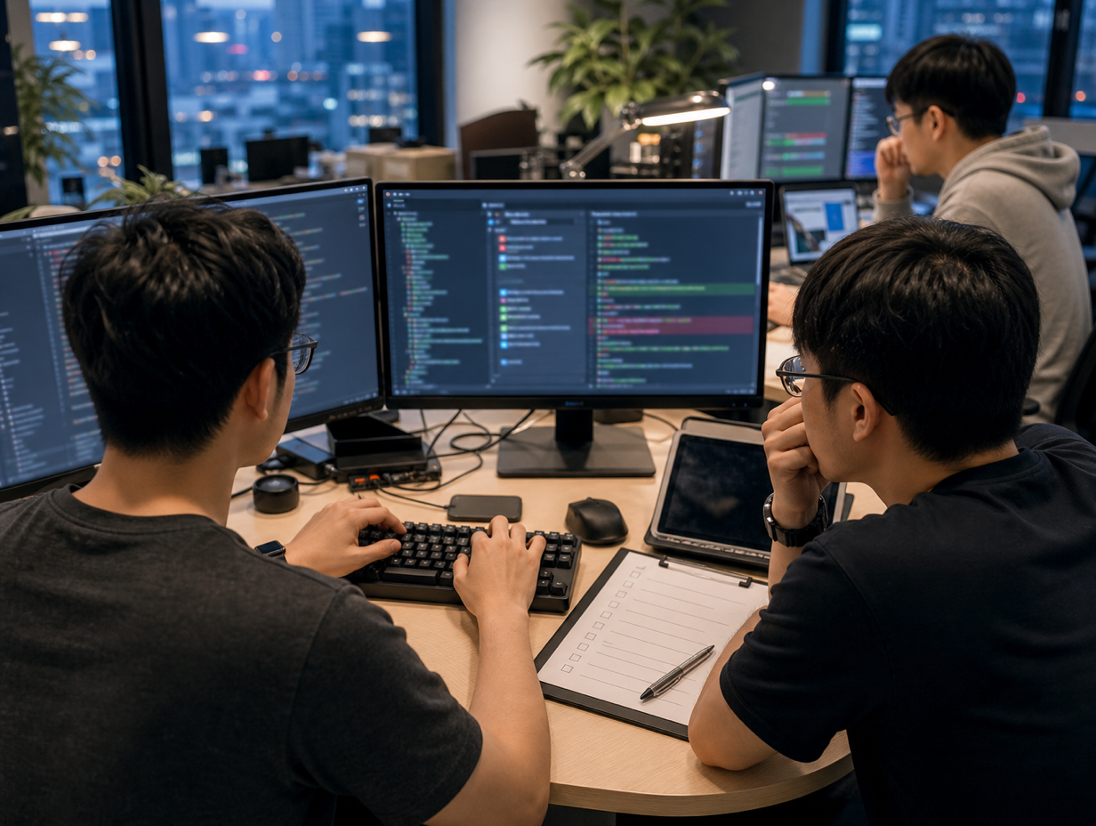 Software engineers reviewing AI assisted code with governance checklist