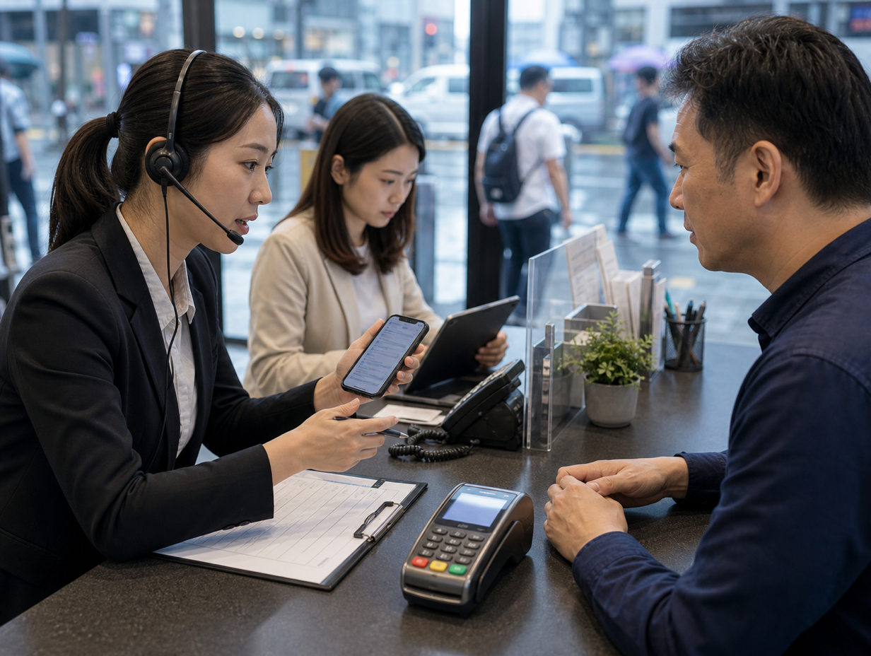 Hong Kong service counter verifying suspicious payment request with a customer