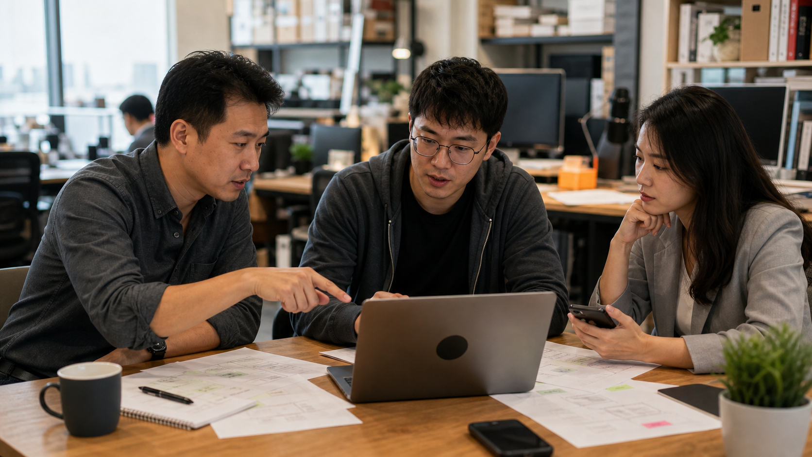 Hong Kong founder office team reviewing a software project risk workflow around a laptop