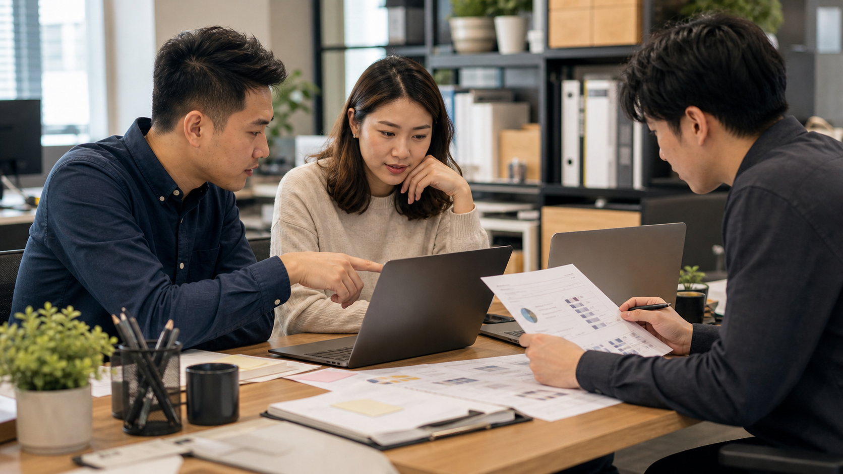 Hong Kong marketing and sales team reviewing content workflow around laptops and planning papers