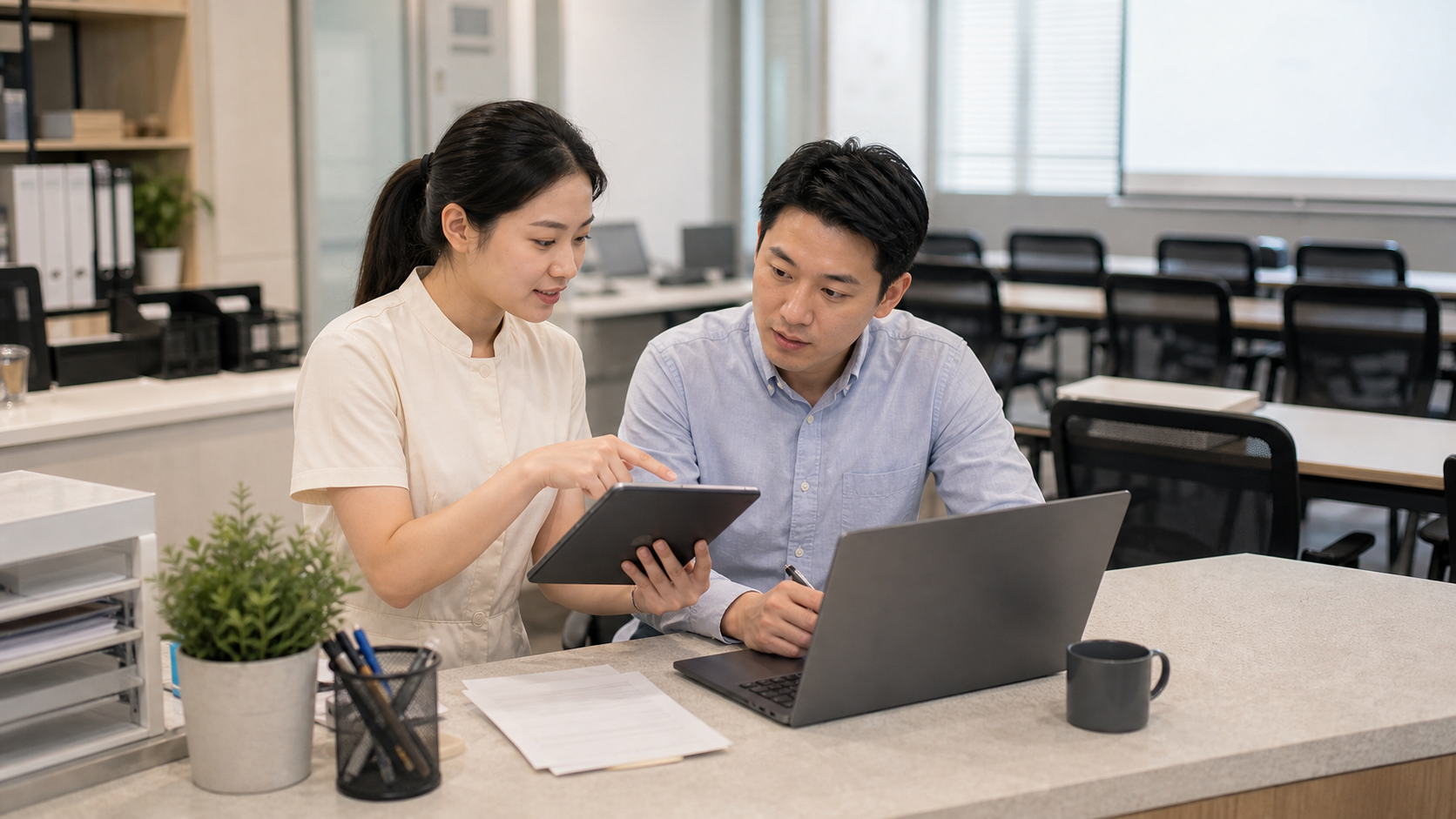 Hong Kong training centre staff reviewing class operations on laptop and tablet