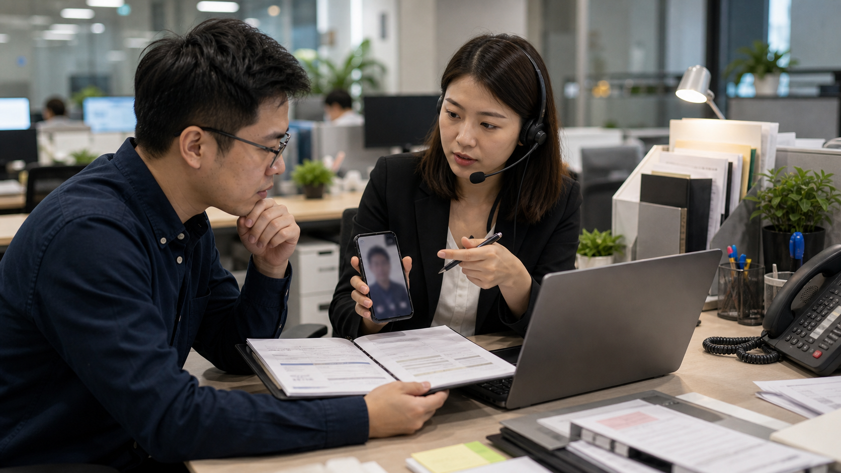 Hong Kong customer service staff reviewing suspicious call verification and payment approval workflow