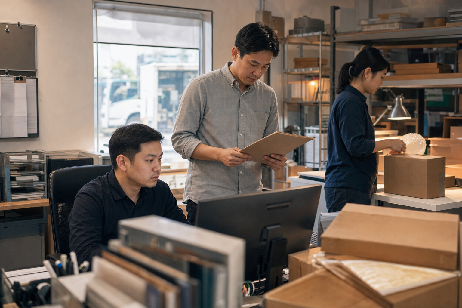 Hong Kong logistics back office team reviewing delivery exceptions and workflow approvals