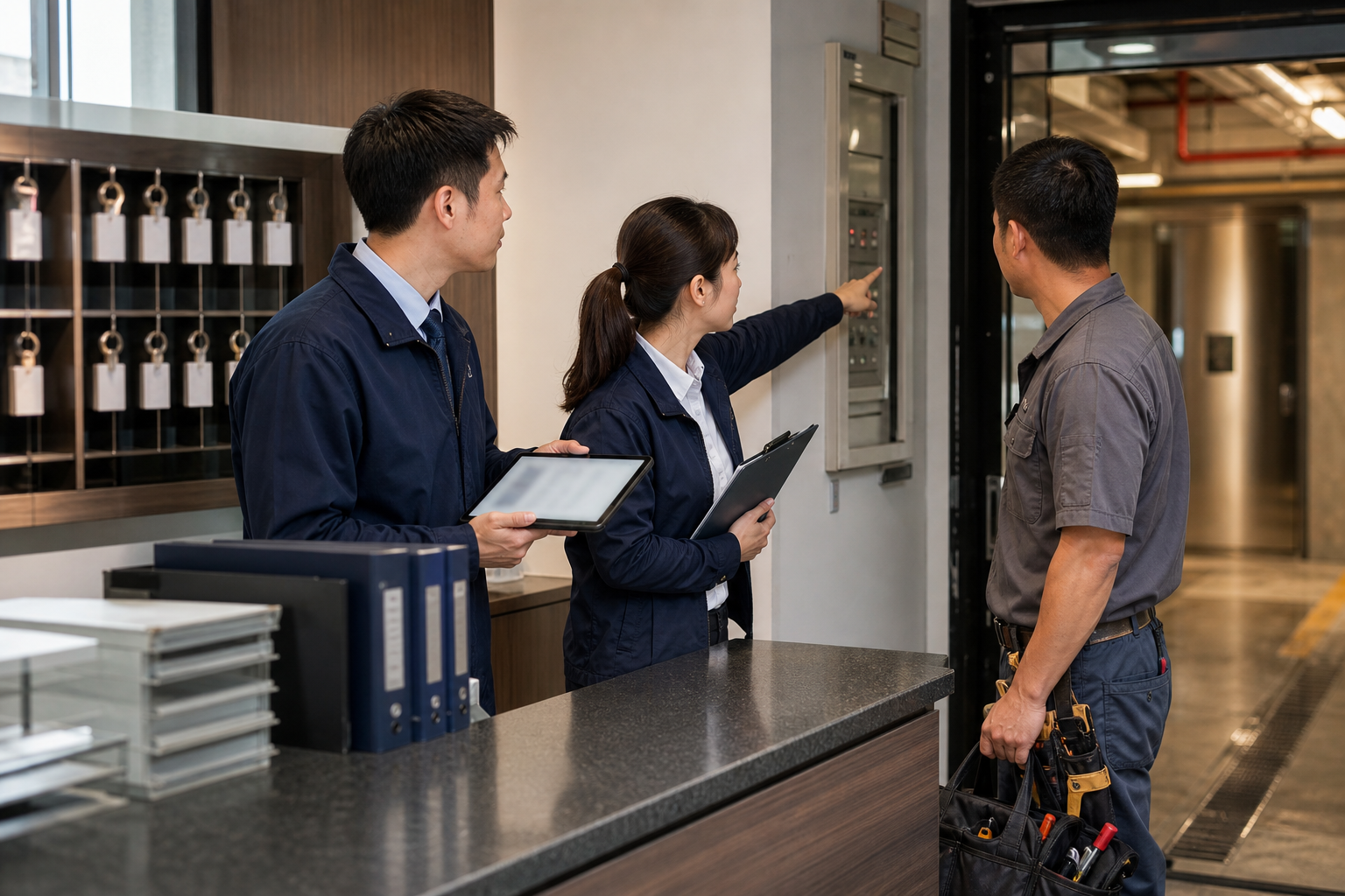Hong Kong property management team reviewing maintenance and inspection workflow records