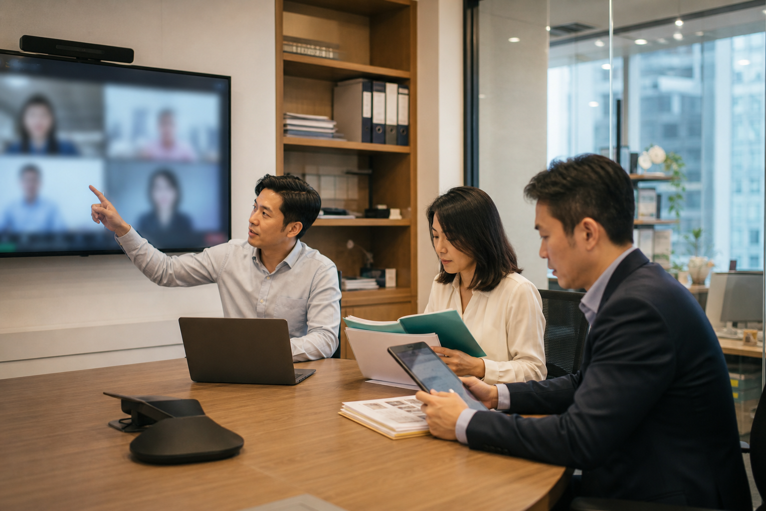 Hong Kong professional services team reviewing meeting follow-up records after an AI-assisted video call.