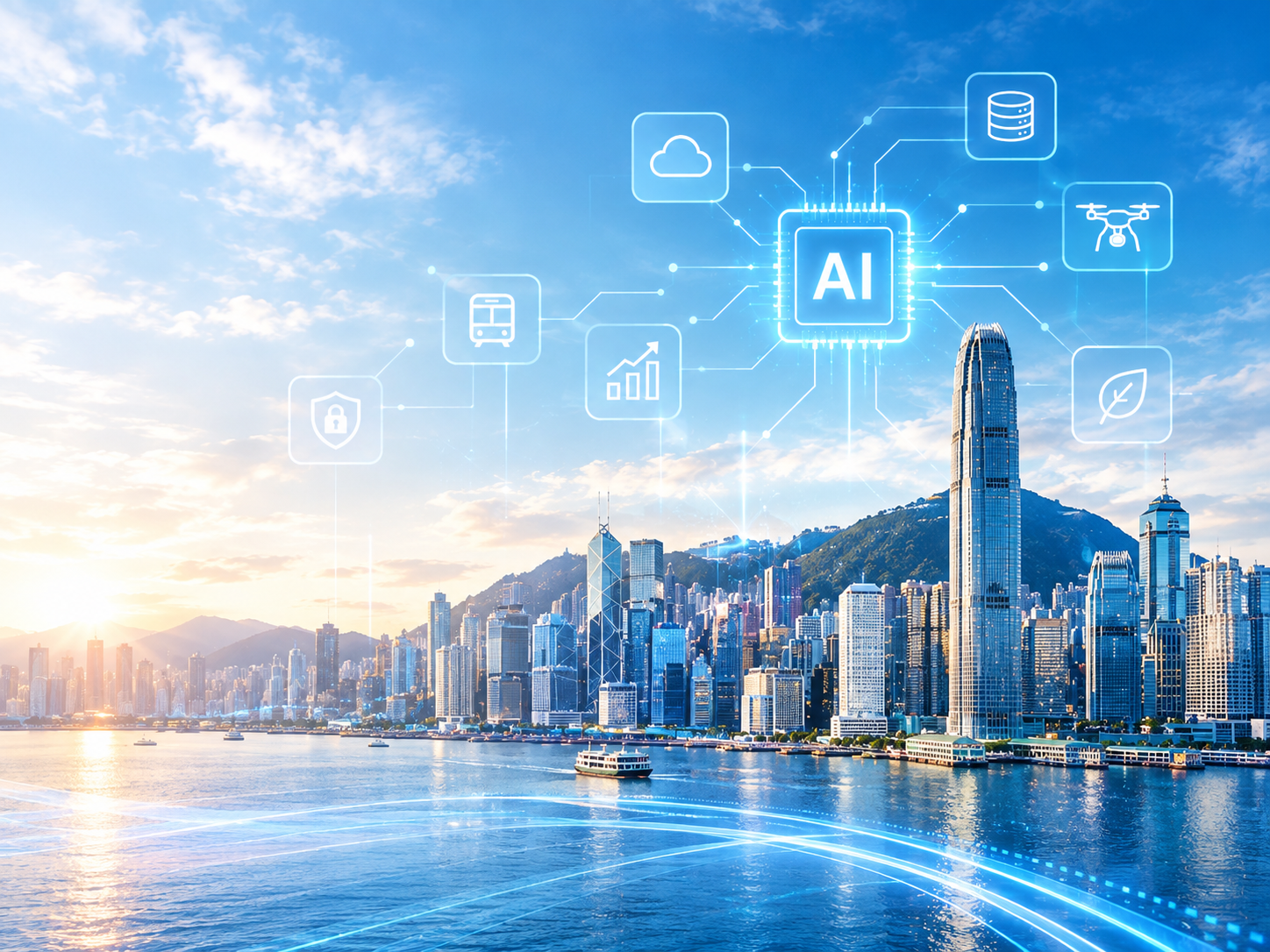 Victoria Harbour and the Hong Kong skyline with AI, cloud, data, transport, drone and environmental icons