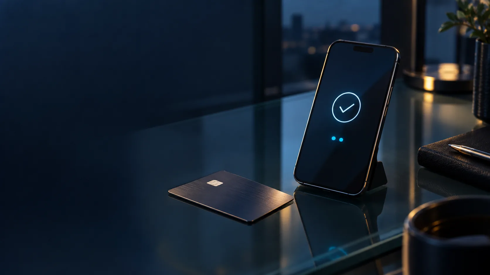 A smartphone confirming an online card payment beside an unbranded payment card