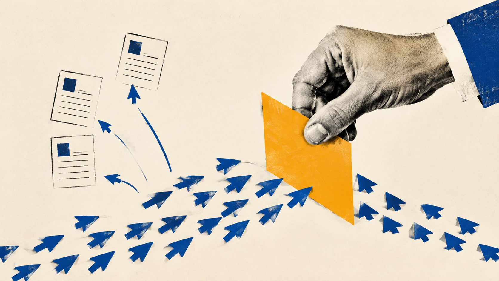 Editorial illustration of a hand holding an amber barrier across blue cursor arrows, representing human approval of AI agent actions.