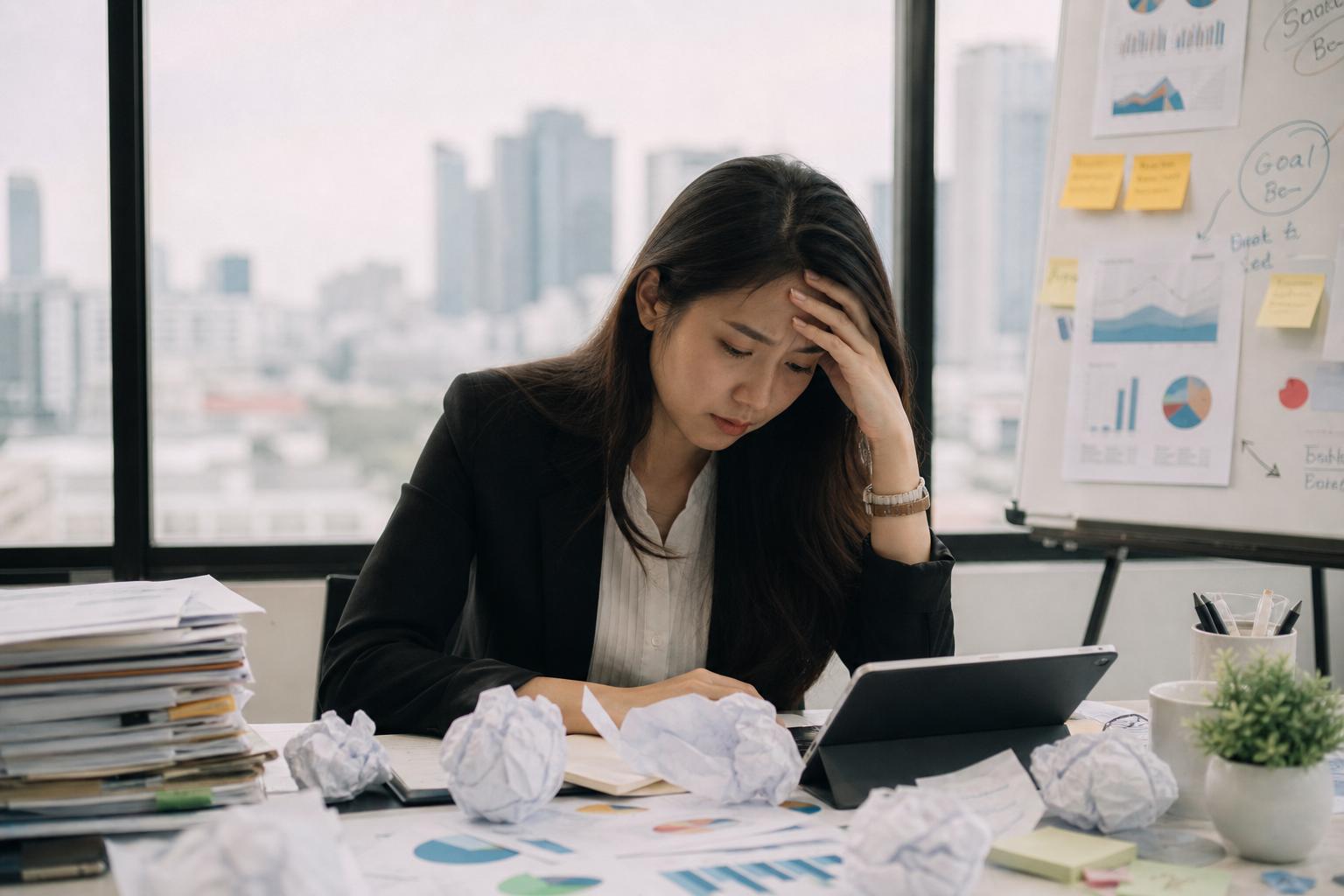 Hong Kong management executive under pressure while reviewing a failed project