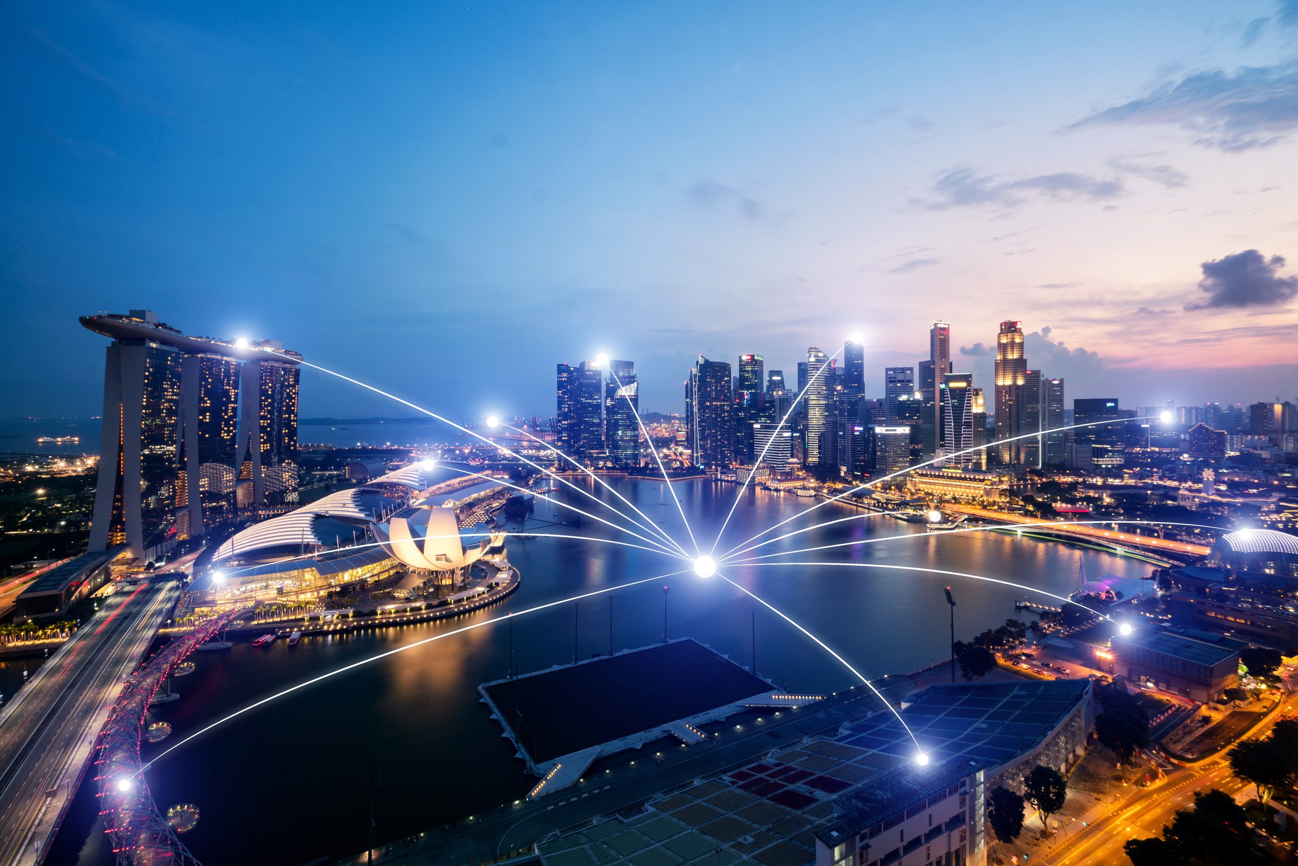 Network,Business,Conection,System,On,Singapore,Smart,City,Scape,In