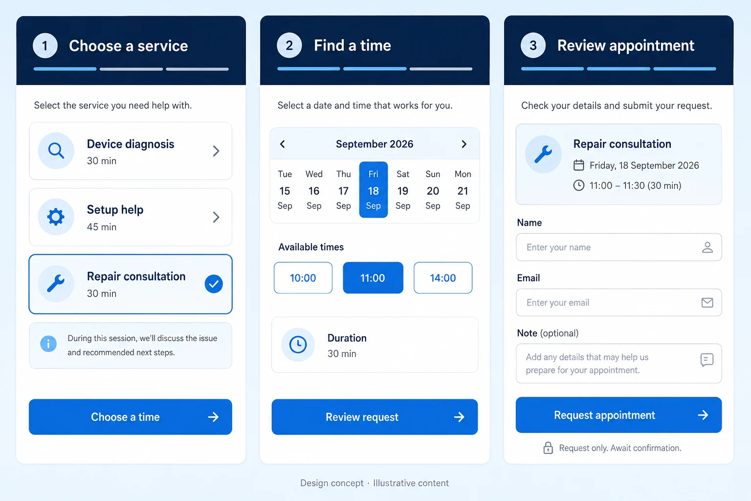 Appointment booking app — Light mobile interface · Services & appointment requests