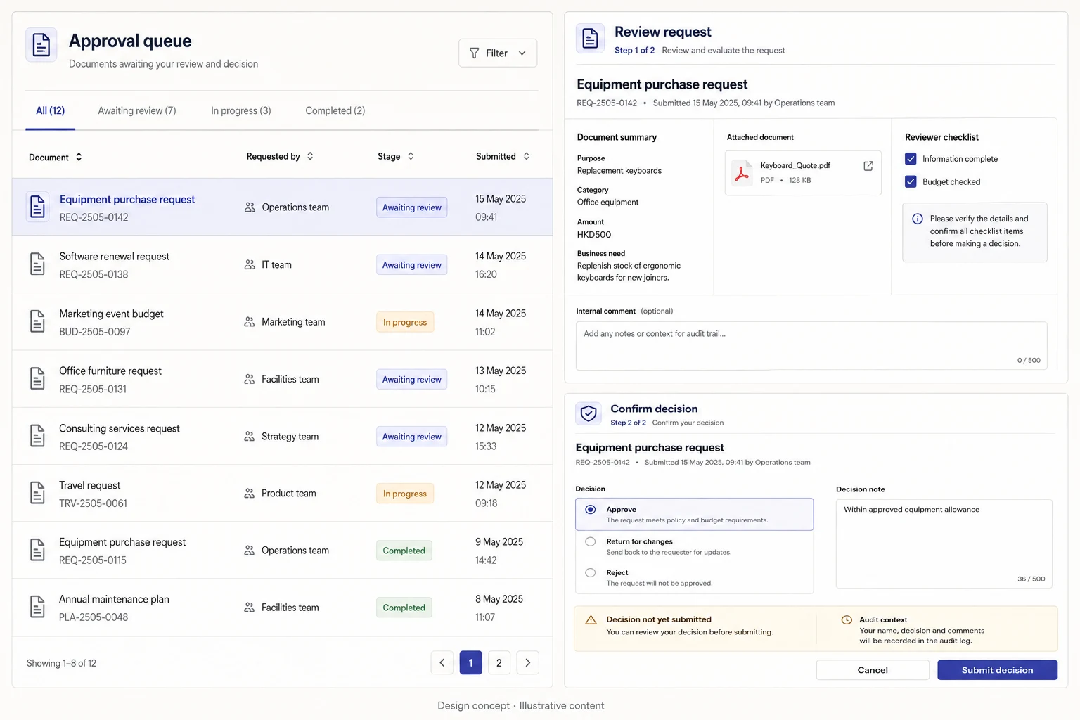 Approval workspace — Document-led admin · Review & decision confirmation