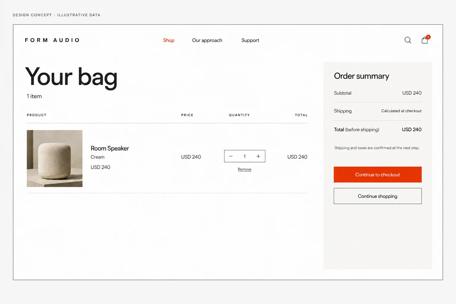 The bag view brings quantity, item price and the order summary together. Shipping remains explicitly unconfirmed until checkout; the concept does not process orders.