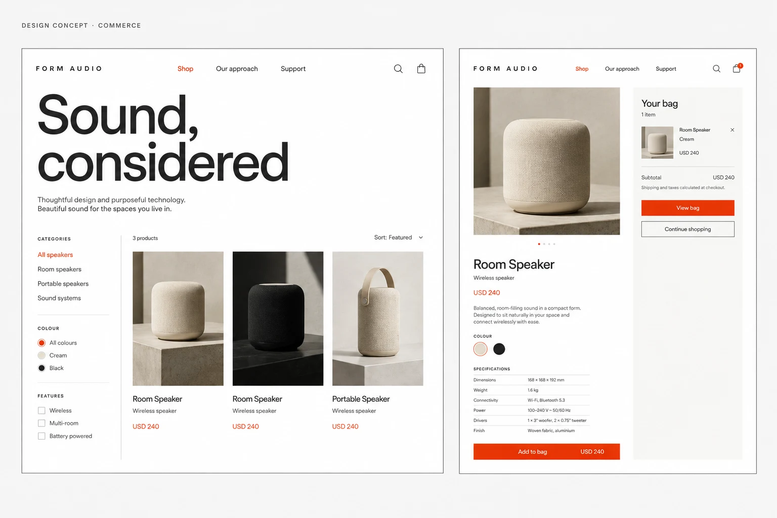 Commerce website — Product-led browsing · Discovery & shopping bag
