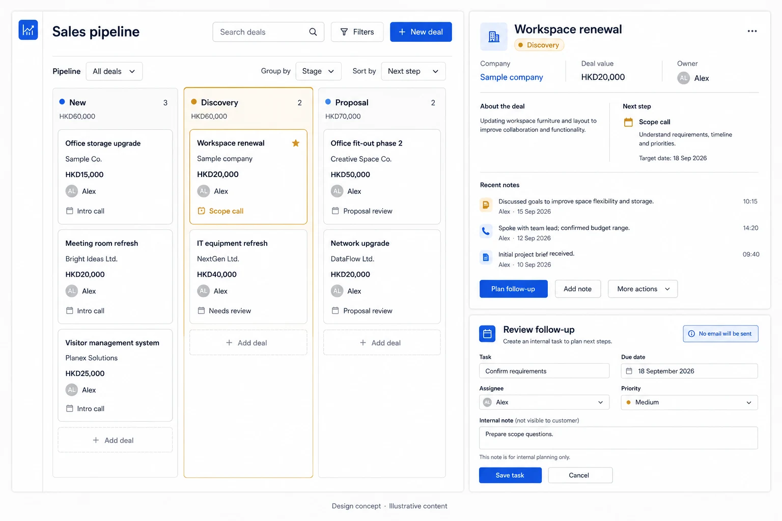 Sales CRM dashboard — Relationship-focused admin · Opportunities & follow-up
