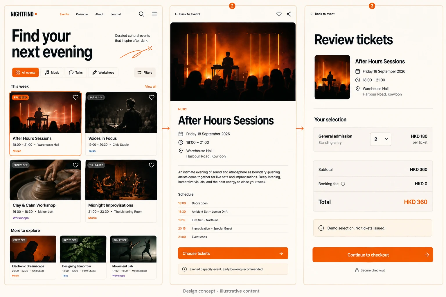 Event discovery website — Expressive event website · Discovery & ticket review