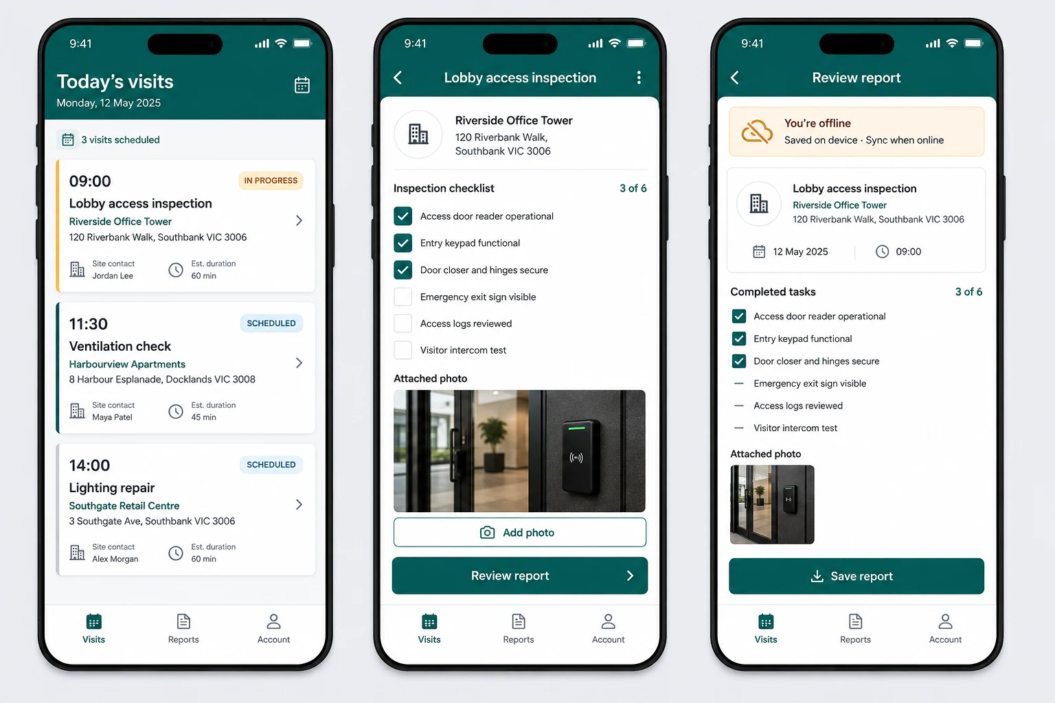 Field-service app: Task-focused mobile design · Visits & inspections