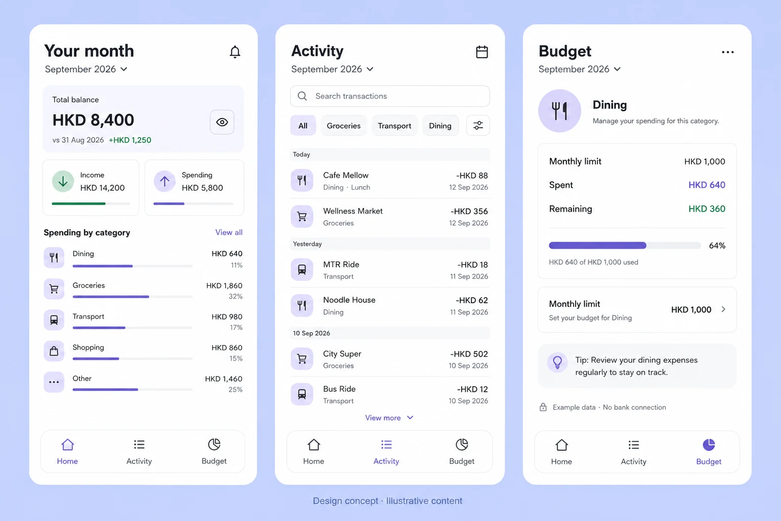 Personal finance app — Calm mobile interface · Spending & budgets