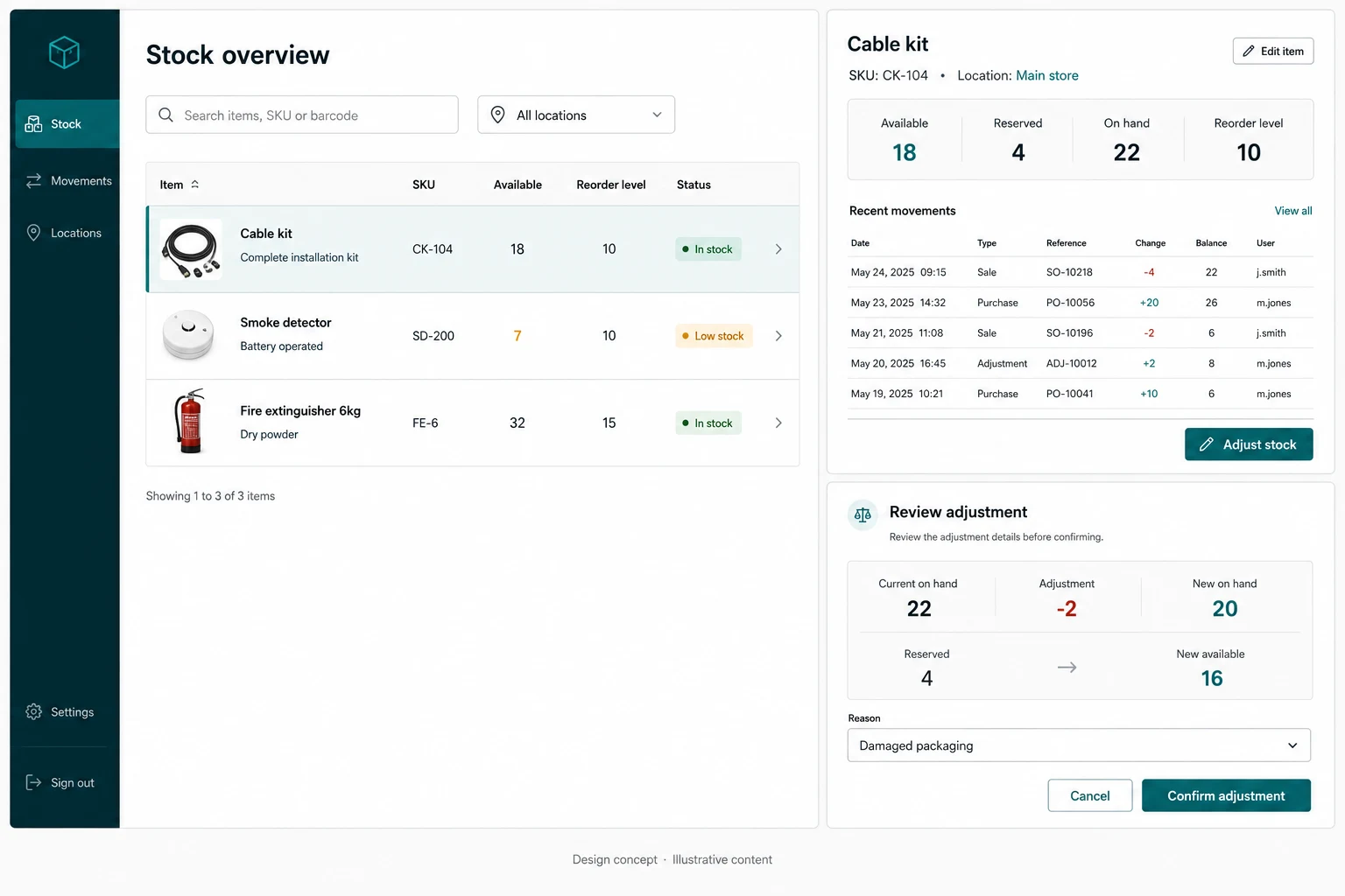 Inventory management — Dense admin workspace · Stock & adjustment review