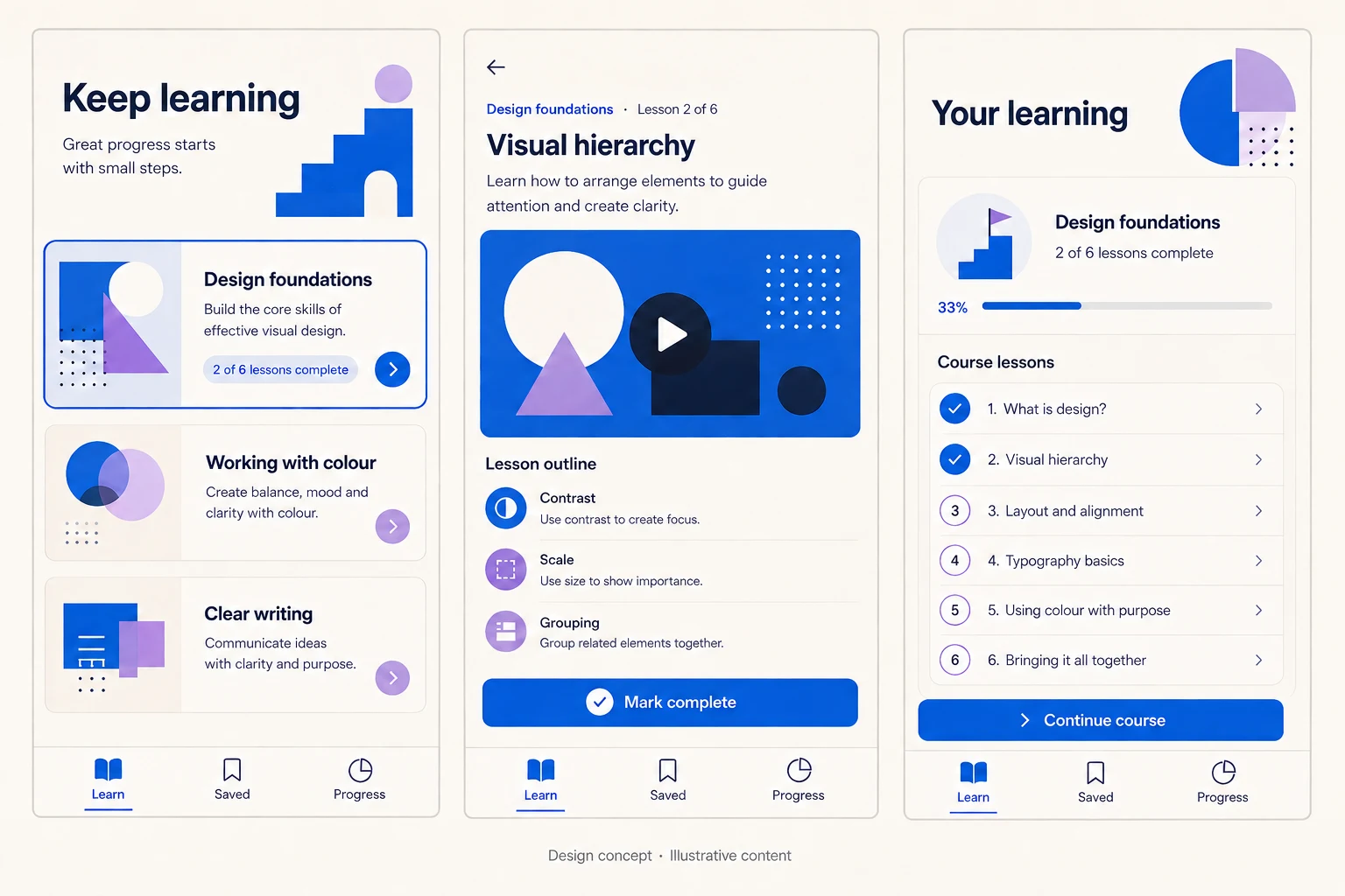 Learning app — Focused learning interface · Courses & lesson progress