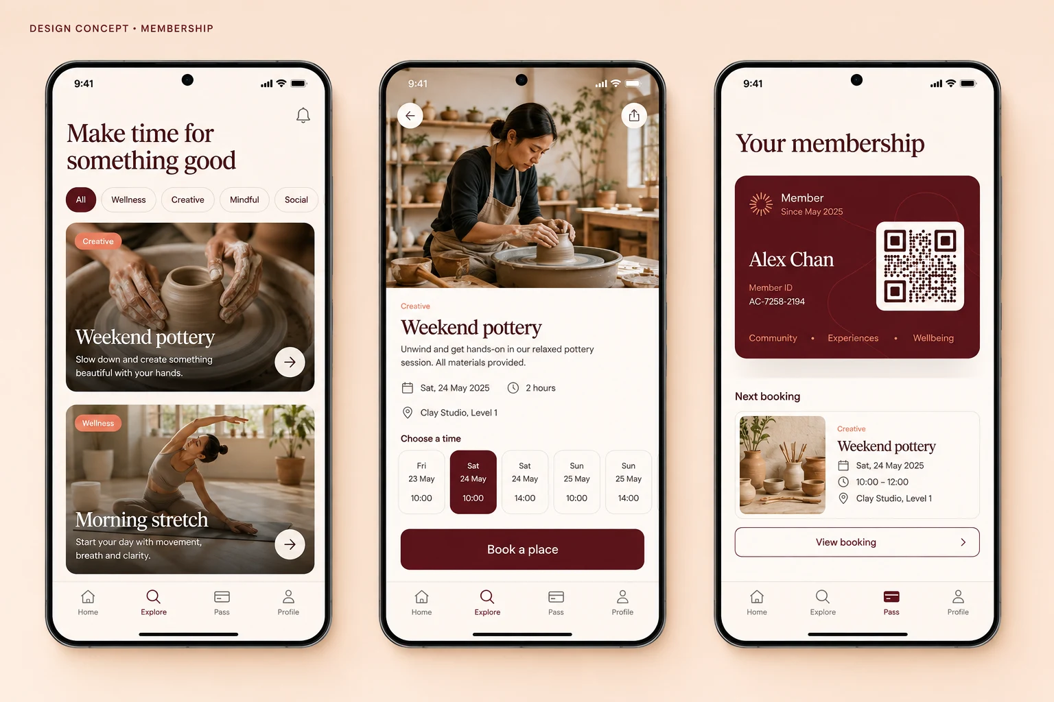 Membership app — Expressive mobile design · Activities & member pass