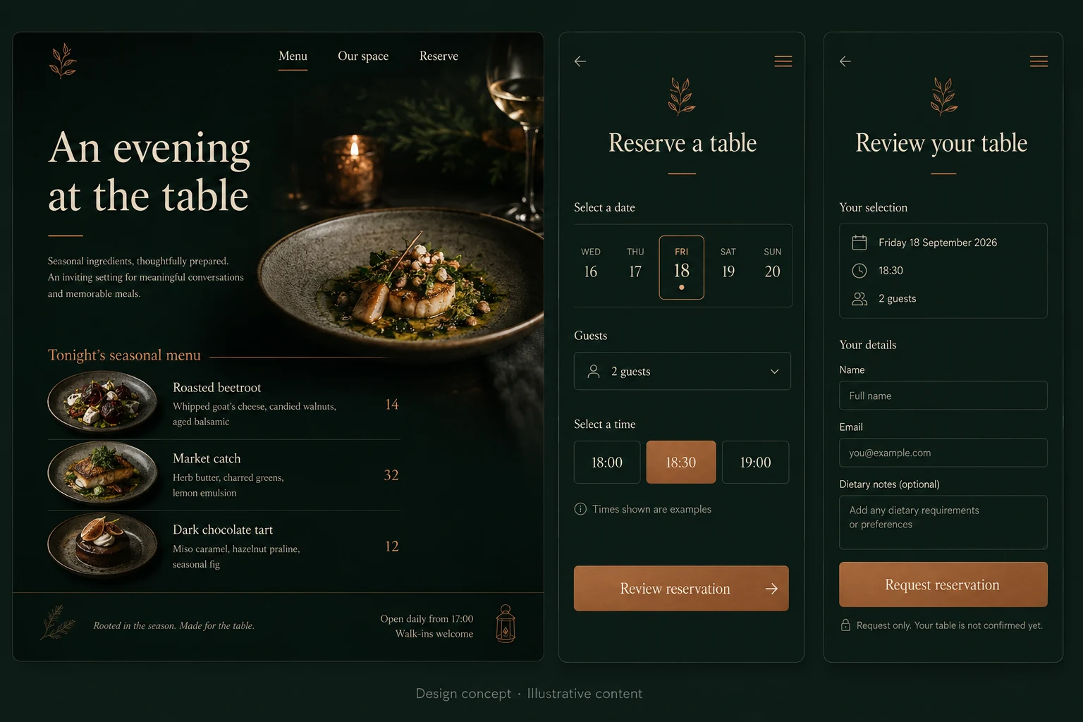 Restaurant reservations — Atmospheric website · Menu & table booking