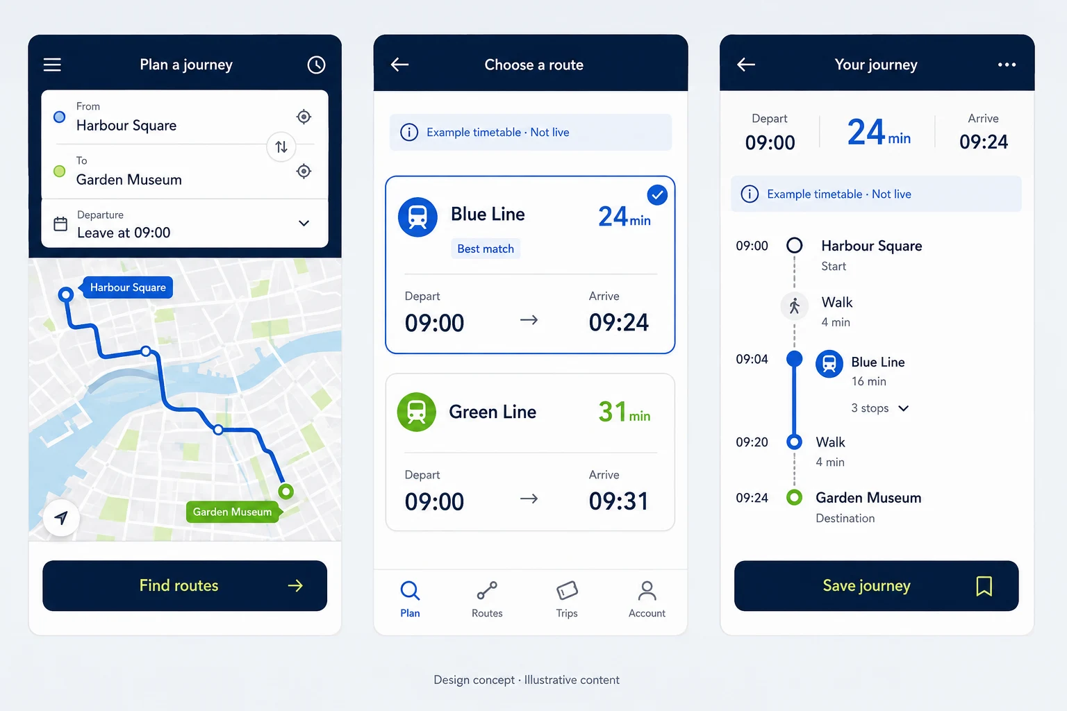 Transport companion — Journey-focused mobile design · Routes & travel steps