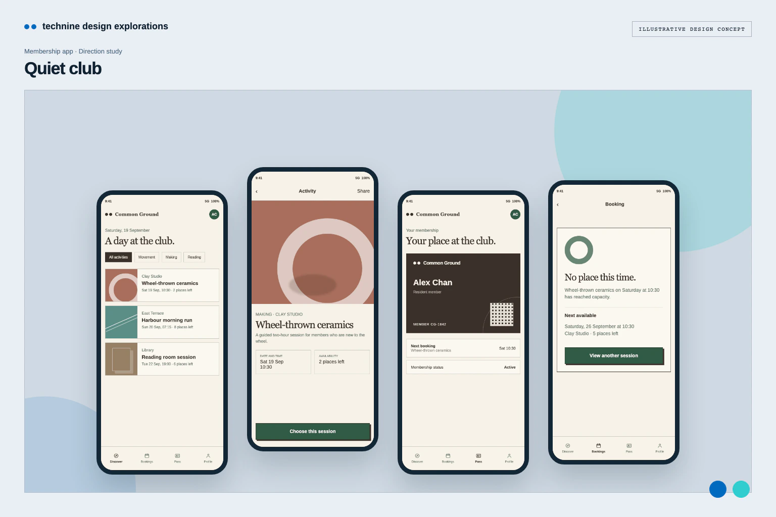 Quiet club — Membership app design: Membership app · Ivory, forest green and restrained activity browsing