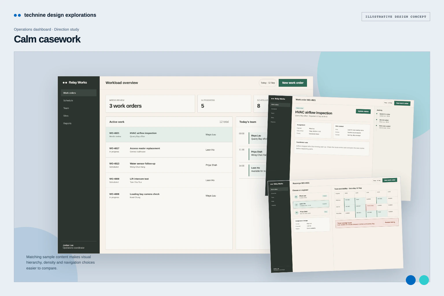 Calm casework — Operations dashboard design: Operations dashboard · Warm neutrals, wider rows and focused case review